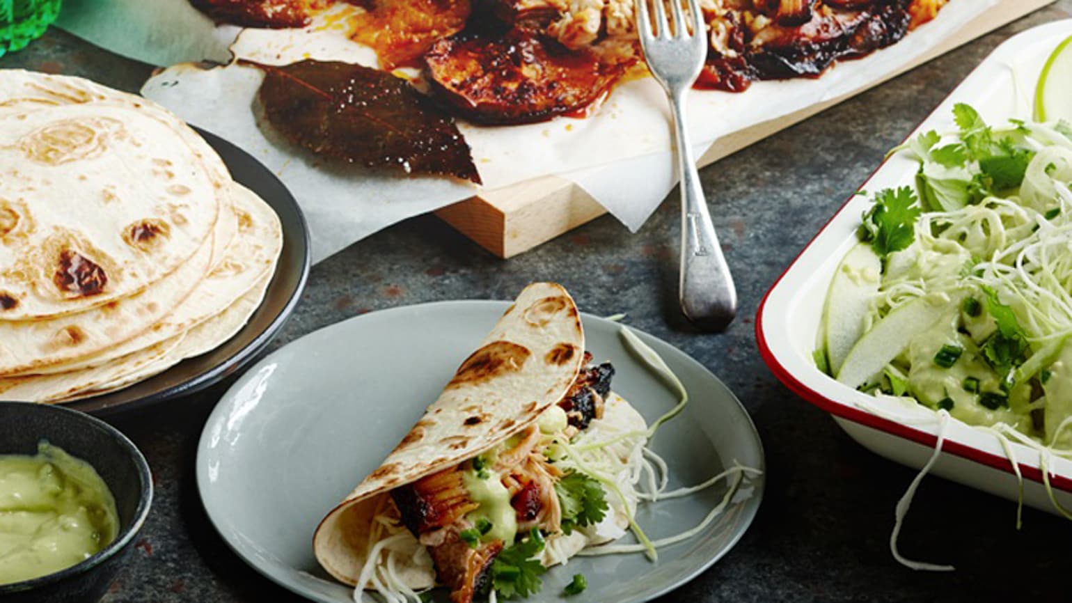 Pork Belly Soft Tacos with Crunchy Slaw & Spicy Avocado Dressing Recipe